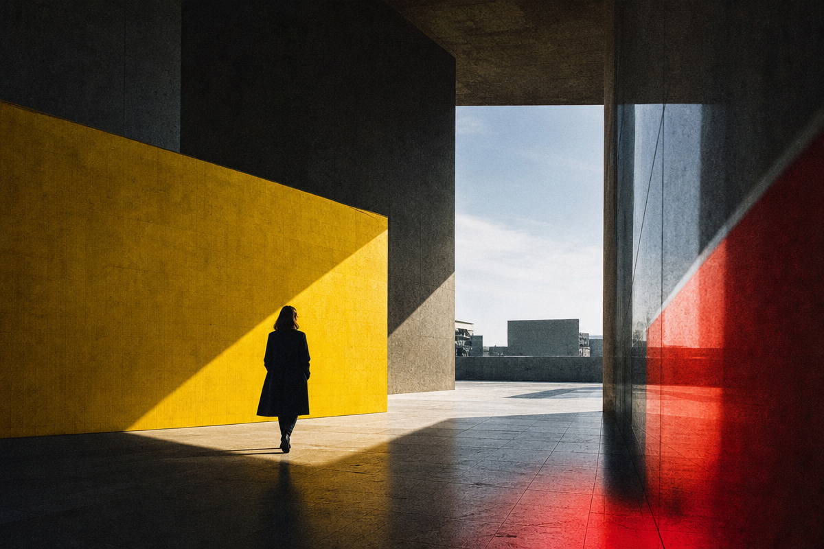 A lone figure walks through a monumental modernist corridor toward an expansive field of daylight.