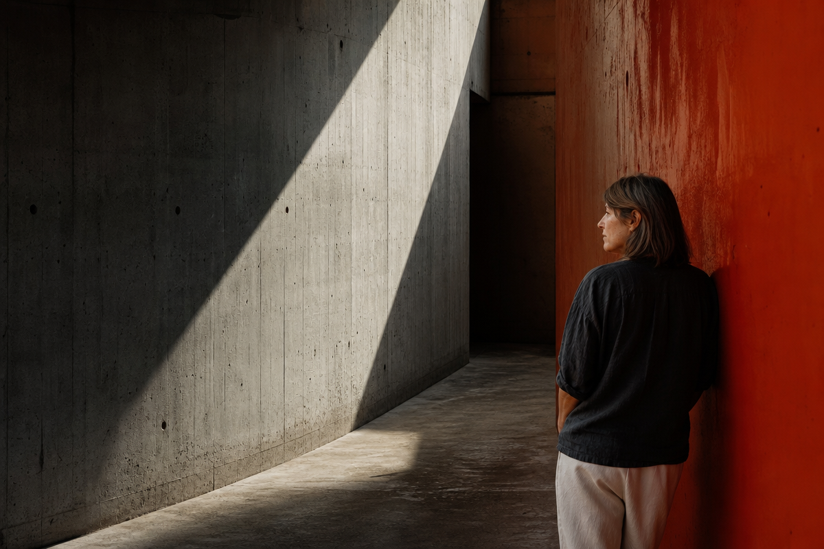 A woman stands beside a vermilion wall in a raw concrete passage, caught in a strip of hard morning light.